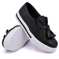 Slip On Tenis Casual Feminino Liso Sola Alta Reta com Detalhe Laço