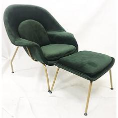 Poltrona Womb Chair com puff tecido Veludo Verde Militar Base cor Mostarda - Poltronas do Sul