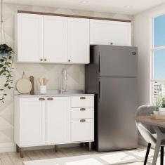 Cozinha Completa Aéreo 3 Portas Balcão 2 Portas 3 Gavetas com Divisor de Talheres sem Tampo 230x200c Branco Fosco