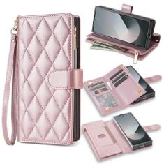 Capa carteira para Samsung Galaxy Z Fold 5, com 7 compartimentos para cartão, 1 compartimento para dinheiro, 1 bolsa com zíper, capa de telefone flip de fivela magnética mais forte com corda de mão,