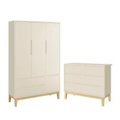 Jogo de Quarto Infantil Classic Guarda Roupa 3 Portas e Cômoda 6 Gavetas com Pés Madeira Natural - Reller Móveis