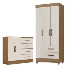 Guarda Roupa Solteiro 3 Portas E Cômoda 4 Gavetas E 2 Portas Lite Nature Off White – Móveis Leão