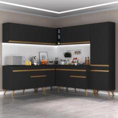 Armário Cozinha Completa de Canto Veneza Multimóveis V2067, Preto/Dour