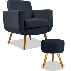 Combo Poltrona Decorativa Cristal com Puff Redondo Pés Madeira Suede Azul Marinho