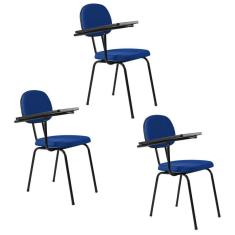 Kit 3 Cadeiras Universitárias Secretária sem Porta Livros Ecoflex Azul