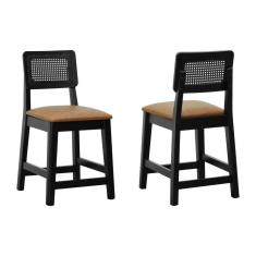 Kit 2 Banquetas Madeira Maciça Encosto Telinha Assento Estofado - Preto Corano Marrom Mescla