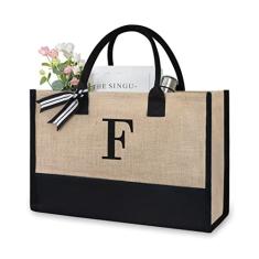 Bolsa de praia de lona TOPDesign, com inicial personalizada, sacola de presente com monograma, para mulheres, Preto e marrom, 17" x 11.8" x 7.8", F