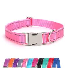 JAY D.L Coleira refletiva para cães com fivela de metal, coleiras de nylon macio e resistente com fivela de liberação rápida, coleiras ajustáveis para animais de estimação com anel de identificação