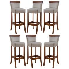 Kit 6 Banquetas Alta com Encosto Estofado Diamantina em Madeira Maciça Imbuia Linho Bege M58 RMI