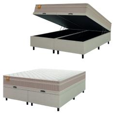 Cama Box Baú Casal Queen Colchão Molas Qatar 158x198x63cm Bege/Branco Inducol - Suporta Até 200 Kg Pessoa