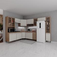 Armário de Cozinha Modulada Completa Fidelitá Paris 9 Peças 515cm 20 Portas 3 Gavetas Com Tampo Nogal/Salinas