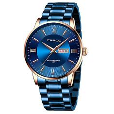 Relógios de pulso CRRJU masculinos modernos, de aço inoxidável, cronógrafo de data automática, analógico, quartzo, Azul, azul, Casual