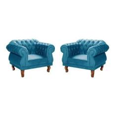 Duas Poltronas Chesterfield Elisabeth Capitonê -  Suede Azul Thifany /