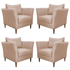 Kit 4 Poltronas Decorativa Sala de Estar Pés Palito Lubbock Couro Bege