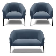 Sofá Namoradeira E 2 Poltronas Pé De Ferro Preto Stella Suede D03 - D'rossi Cor Azul Marinho