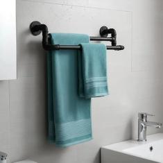 Toalheiro Duplo Suporte Porta Toalhas de Parede Acessório para Banheiro Estilo Industrial Preto Laca