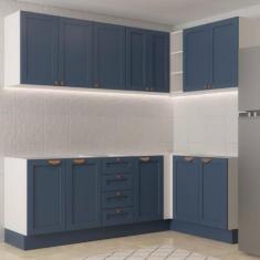 Cozinha Modulada 6 Peças sem Tampo 3 Armários Aéreos e Nichos, 3 Balcões Cabecasa Madeiramadeira Azul/branco