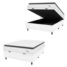 Cama Box Baú Colchão Casal Molas Ensacadas City Pillow Top 138x188x64cm Linho Branco / Preto Hellen Branco/pre
