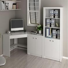 Escrivaninha de Canto com 1 Gaveta, Balcão 2 Portas e Armário 2 Portas e 3 Prateleiras Branco