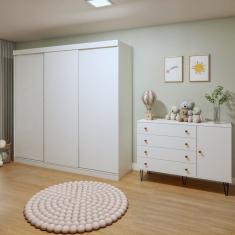 Quarto Infantil Guarda-Roupa 3 Portas de Correr Thalia com 1 Porta 4 Gavetas Aurora Branco
