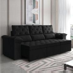 Sofá Retrátil 3 Lugares 2,10m York Suede Preto Preto - SELMER ESTOFADO