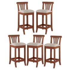 Kit 5 Banquetas Média em Madeira Valentina Estofada Linho Bege M58 RMI