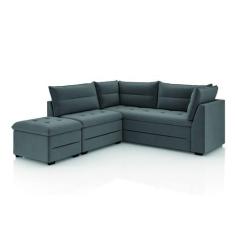 Sofá de Canto com Puff Monte do Seu Jeito Benfica Veludo Luizzi, Cinza