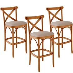 Kit 03 Banquetas Altas Cozinha Bancada Bar Sala de Jantar Estofada Ávila L02 Linho Bege Escuro - Lyam