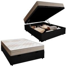 Cama Box Baú Casal Suede + Colchão De Molas Ensacadas Portobel Ipanema - 138x188x66cm Preto