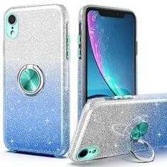 PeeTep Capa para iPhone XR, capa leve com glitter brilhante com suporte de anel de 360°, suporte magnético para carro, capa protetora resistente e absorvente de choque para iPhone XR de 6,1 polegadas