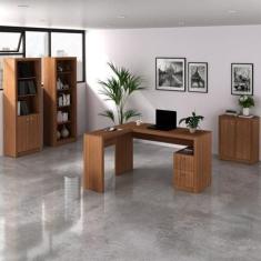 Kit 4 Peças com 1 Mesa para Escritório em L, 2 Estantes e 1 Armário Ba