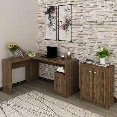 Kit 2 Peças com Mesa para Escritório em L e Armário Multiuso Baixo - E