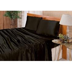 Jogo De Lençol Casal King Cetim Seda Preto 4 Peças