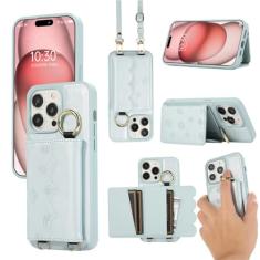 Capa de telefone com cordão crossbody para iPhone 15 14 Plus 13 12 11 Pro Max Carteira com suporte para cartão Capa protetora de couro, azul, para iPhone 15