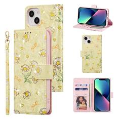 UEEBAI Capa carteira para iPhone 13 de 6,1 polegadas, capa de telefone de couro PU com suporte e bloqueio de RFID, capa flip com compartimentos para cartões, alça de pulso, padrão gravado, fecho