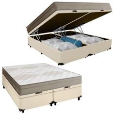 Cama Box Baú Casal Bipartido Sintético + Colchão de Molas Ensacadas Po