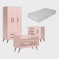 Quarto Completo De Bebê Encanto Retrô Rosa Bebê Berço Com Colchão Espuma D-18 - Móveis Leartam