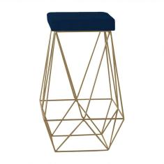 Banqueta Decorativa Kathy Base Gold Veludo Azul Gran Belo