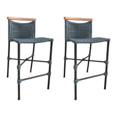 Kit 2 Banquetas Em Corda Náutica Base Em Alumínio Preta Com Detalhe Em Madeira Cinza Cinza