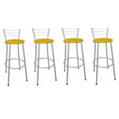 Kit 4 Banquetas Altas Prata com Encosto Assento Amarelo