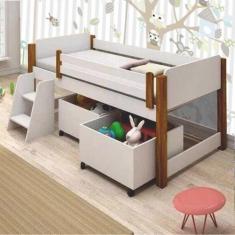 Cama Naty Branco/Mel com 2 nichos e escadinha com colchão - Divaloto