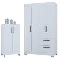 Guarda Roupa Solteiro Tóquio 4 Portas com Armário Multiuso 2 Portas Pequeno Branco Brilho - Poquema