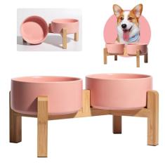 Conjunto de tigelas de cerâmica elevada para cães – Tigelas elevadas para cães com suporte de bambu antiderrapante – Conjunto de tigela para comida e água – Tigelas duplas para alimentação de cães –