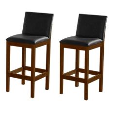 Kit 2 Banquetas Alta Luxo Pérola Com Encosto Estofada Em Couro Pu Preto Madeira Maciça Imbuia