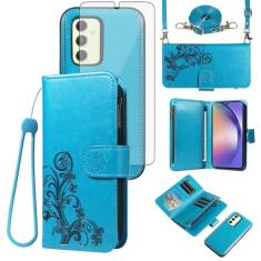 Asuwish Capa de celular para Samsung Galaxy A54 5G carteira com zíper destacável com protetor de tela de vidro temperado alça transversal flor porta-cartões A545G A 54 54A 4G G5 SM A546U mulheres