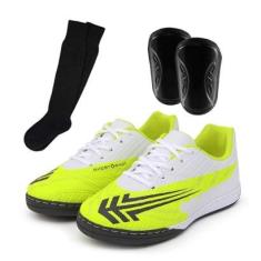 Kit Tênis Futsal Infantil Chuteira Criança Solado Costurado com Meião e Caneleira-Unissex