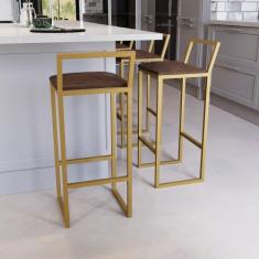 Jogo 3 Banqueta Alta Balcão Bistrô Dourada Confort Industrial Premium 