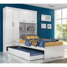 Guarda Roupa Solteiro 4 Portas 2 Gavetas com Bicama e Baú 100% MDF Milena ACP Móveis Branco/Rosa/Azul/Lilas
