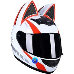 Capacete Bluetooth modular para motocicleta com orelhas de gato para homens e mulheres, capacetes de orelhas de gato fofos com sistema de ventilação com viseira HD aprovado pelo DOT/ECE (54-