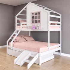 Treliche Casinha Com Janela Casal-solteiro Com Escada-escorregador Madeira Maciça Branco- Rosa